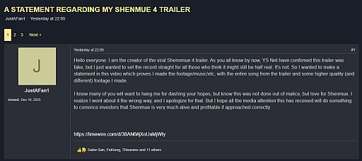 画像ギャラリー No.007のサムネイル画像 / 「シェンムー4」の偽トレイラー制作者が謝罪動画を公開。目的は投資者にシリーズの価値を示すことだったと説明