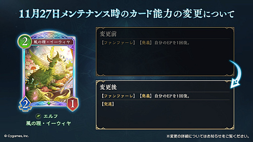 画像ギャラリー No.003のサムネイル画像 / 「シャドバWB」,11月27日に「豊麗なるローズクイーン」「虹色の弓使い・クピタン」「風の理・イーウィヤ」のカード能力変更を実施