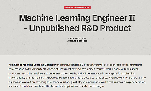 画像ギャラリー No.003のサムネイル画像 / Riot Gamesの次なる一手はAIか。新規プロジェクト「Riot Discovery」，グローバル体制で開発へ向けた求人を公開